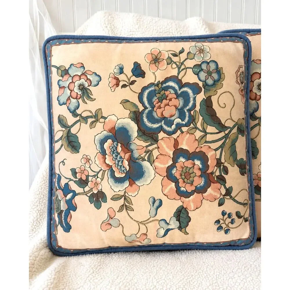 Pair Vintage Floral Cotton Throw Pillows Blue Suede Piping 17.5” Grandmillennial